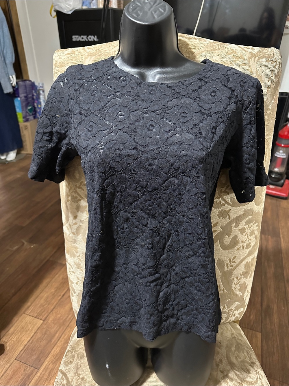 Black Floral Lace Short-Sleeve Tee - Women's